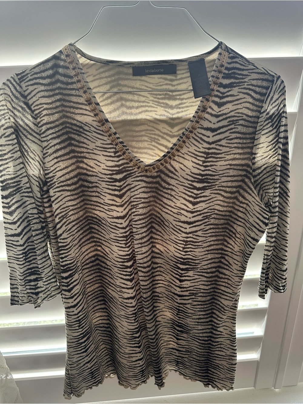 Liz Claiborne Beige and Black Zebra Print V-Neck Top with Bead Trim